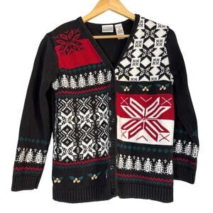 Vintage Black Ramie Cotton Patchwork Christmas Holiday Sweater Cardigan Medium
